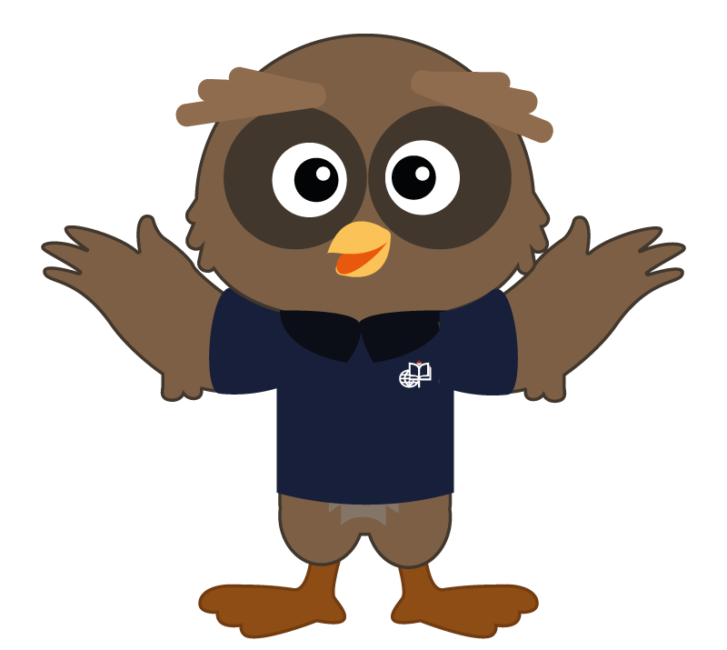 CIGI, la mascota del Colegio Internacional de Guatemala, con los brazos abiertos.