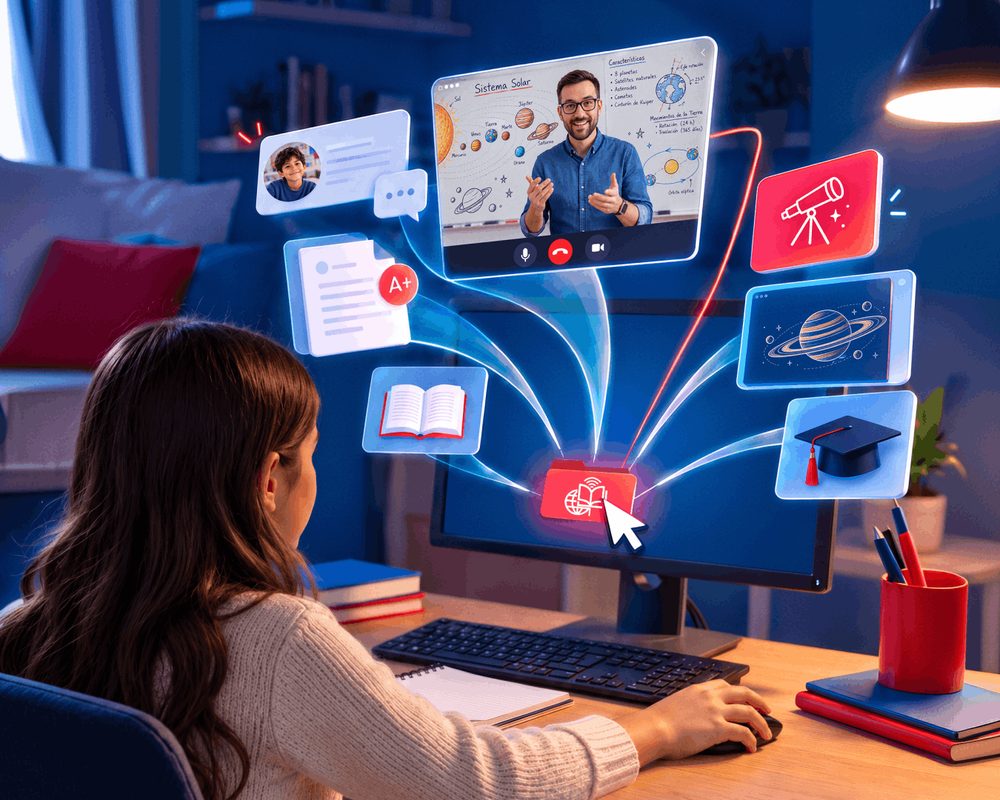 Una estudiante sigue en su computadora una clase en vivo de ciencias: el maestro por videollamada, lecturas, tareas y recursos sobre el sistema solar.