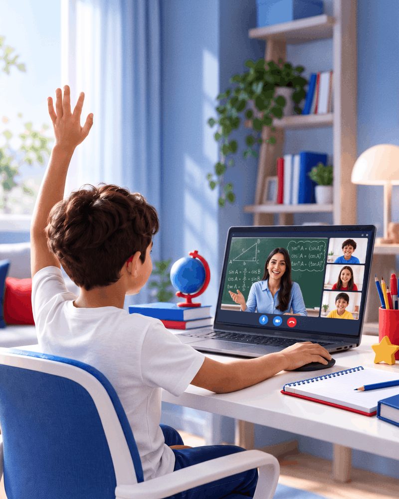 Un estudiante levanta la mano para participar en una clase en vivo con su maestra y sus compañeros, desde la laptop en su casa.